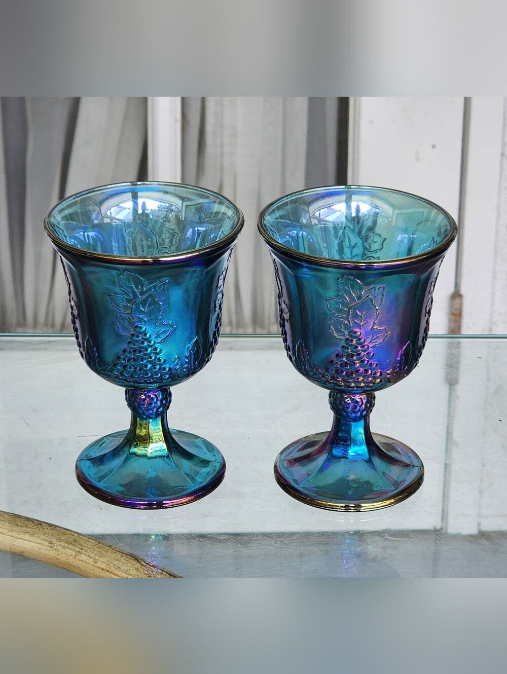 Vintage Indiana Carnival Glass Blue Iridescent Goblet Harvest Grapes Set Of 2